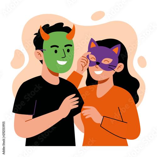 Man in devil mask and woman in cat eye mask whispering at halloween party in flat cartoon vector style