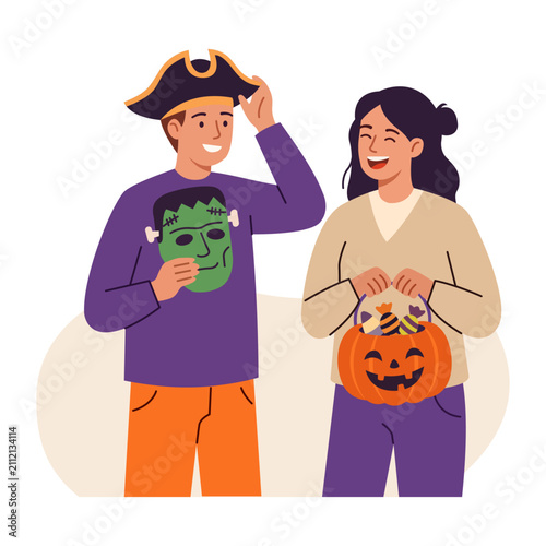 Couple in pirate and witch costumes trying on green devil mask for halloween in flat vector style