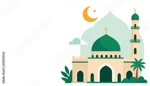 Obraz na plátně Illustrated mosque with green dome and minaret.