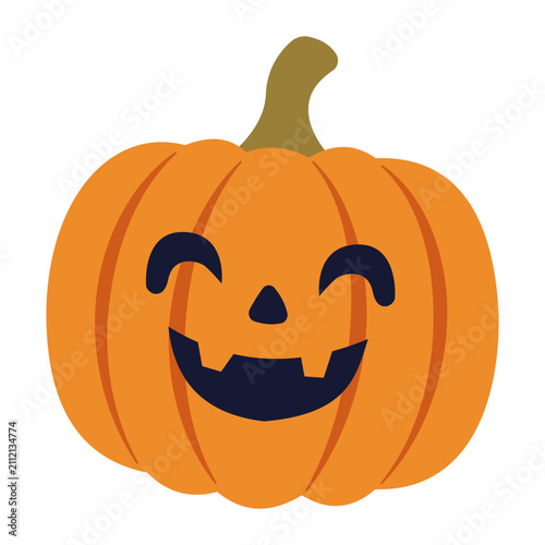 Orange jack o lantern pumpkin with carved friendly smiling face and green stem in flat vector style