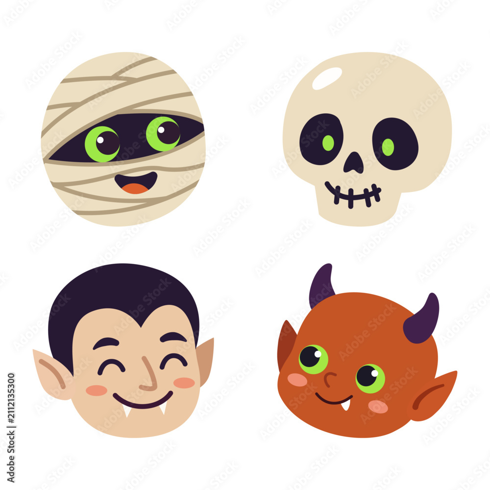 Fototapeta premium Set of four cute halloween character avatars including mummy skull vampire and red devil in flat vector style