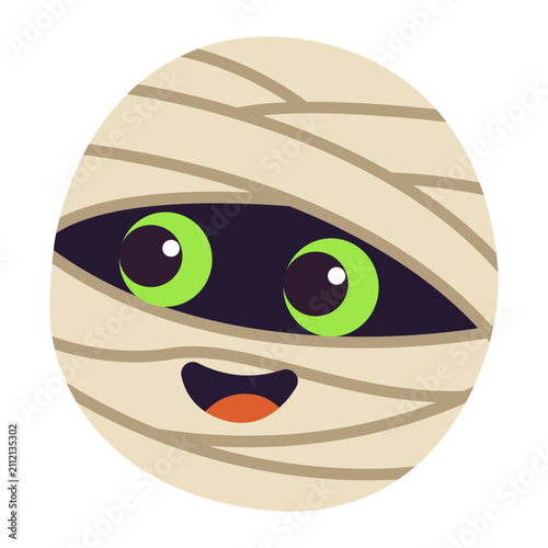 Cute mummy head avatar with glowing green eyes wrapped in white bandages in flat cartoon vector style