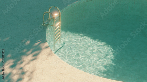 Empty swimming pool with a golden ladder and sparkling water