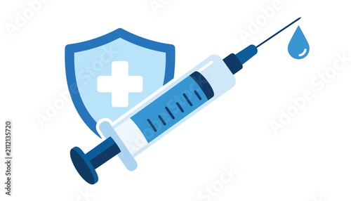Bild auf Leinwand Medical syringe with protective shield and droplet icon.