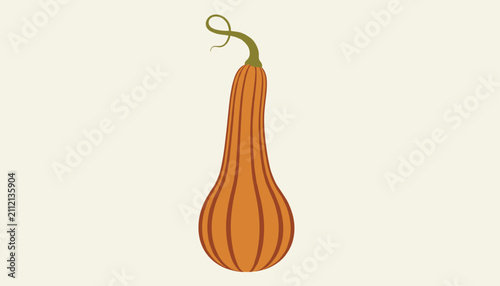 Unique long orange neck pumpkin gourd with a tall curved green stem isolated on a minimalist cream background.