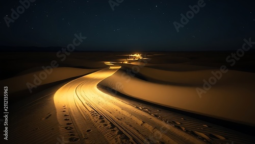 Winding desert path under starlight leading to a distant tent camp, serene night.