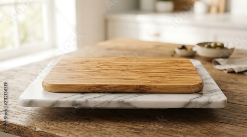 Wooden cutting board on white marble slab in kitchen.