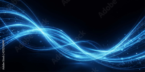 Abstract Electric Blue Light Wave Background. Luminous flowing energy ribbons with sparkling layered curves on a dark backdrop. Futuristic texture for digital technology branding