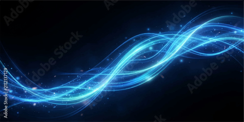 Abstract Electric Blue Light Wave Background. Flowing luminous energy strands with sparkling particles across a dark backdrop. Futuristic design for digital technology branding