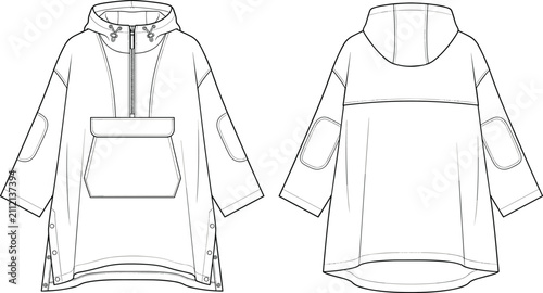 Bild auf Leinwand Unisex hooded anorak poncho jacket fashion technical flat sketch vector illustra