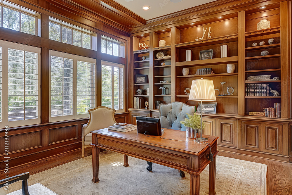 Fototapeta premium Sophisticated luxury home office interior featuring rich wooden built-in bookshelves, an executive desk, and large windows with shutters