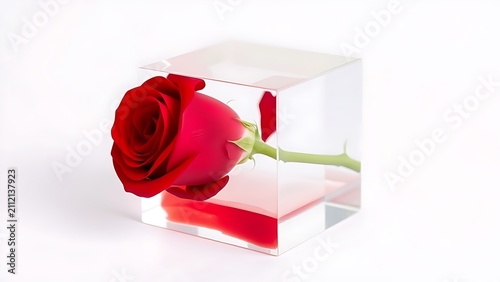 A single vibrant red rose preserved inside a clear cubic resin block.