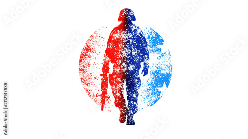 Red and blue split soldier silhouette walking with rifle particle dispersion effect military concept isolated on white background