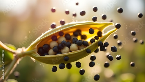 A pea pod bursting open, scattering black peas in a high-speed moment.