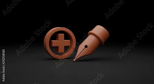 3D Medical Pen and Cross Icon for Healthcare Writing