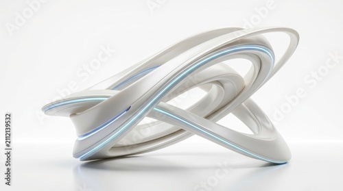 A futuristic, white, abstract sculpture with blue lights on a white background.