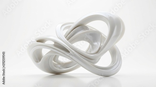 A white, abstract, geometric shape with a smooth, glossy surface, featuring a complex, interwoven design that creates a sense of depth and movement.