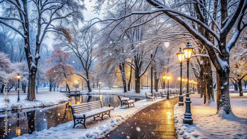 Snow Covered Park With Benches and Lights