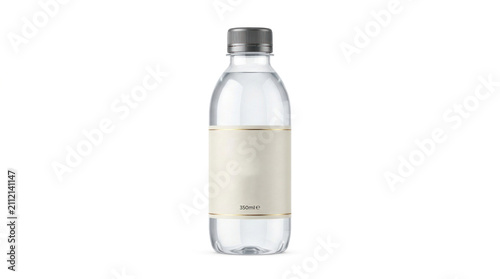 A transparent plastic water bottle with a gray cap, a blank label, and a gold band, placed on a white background with a shadow effect.