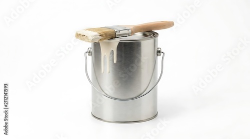 A metal paint can with a brush resting on top dripping white paint on a white background.