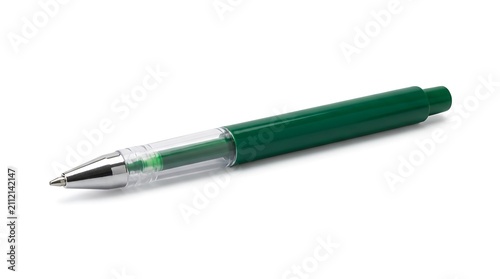 A single green ink ballpoint pen isolated on a white background.