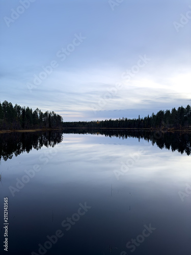 A tranquil lake in Sweden with glassy water perfectly reflecting the dense pine forest shoreline and evening sky.