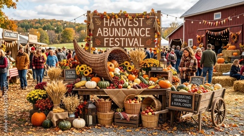 A vibrant harvest festival display with a cornucopia, pumpkins, apples, and other fall decorations, set against a rustic barn backdrop with people enjoying the event.