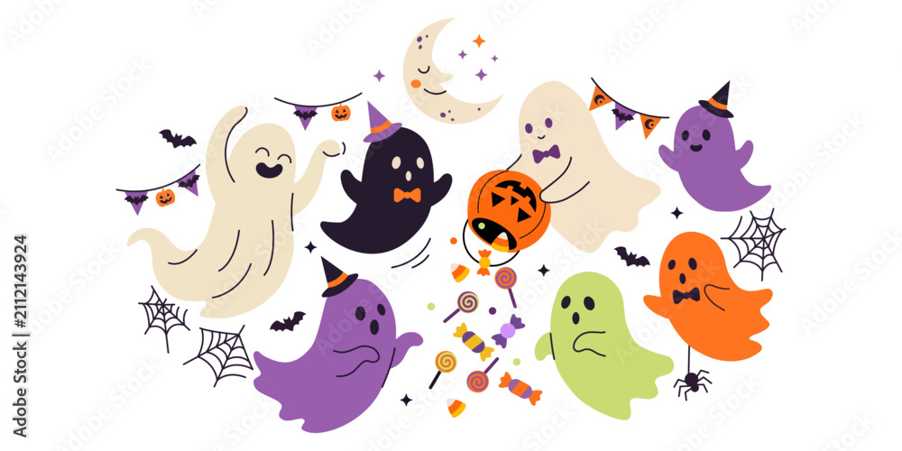 Fototapeta premium Playful ghost group celebrating Halloween party with trick or treat candy buckets, spider webs, and festive garlands in flat vector art