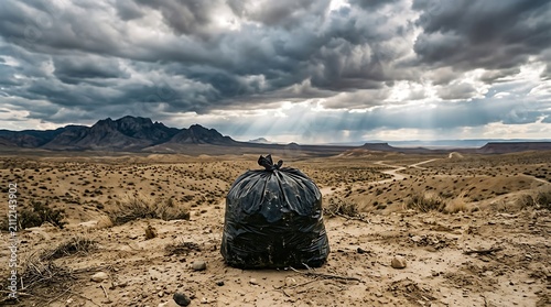 Black Trash Bag Abandoned in a Vast Desert Landscape.