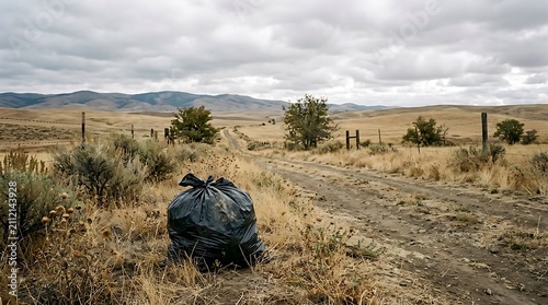 Black Trash Bag Left in Rural Landscape.
