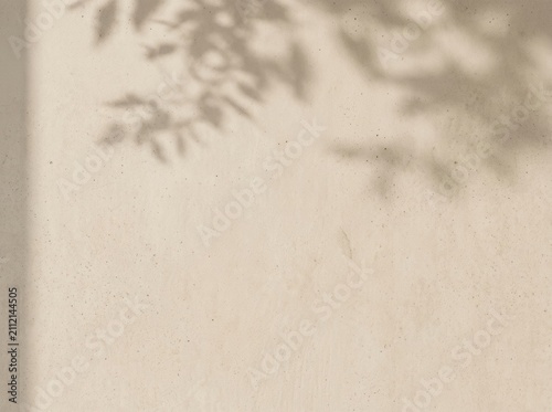 Neutral Beige Textured Concrete Wall Background with Soft Leaf Shadows and Natural Sunlight Overlay for Mockup