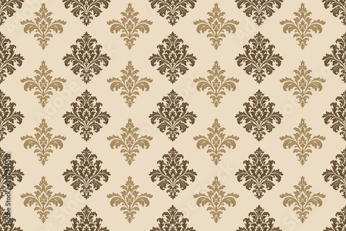Elegant vintage victorian damask seamless pattern with ornate floral baroque motifs in classic beige and brown luxury wallpaper design