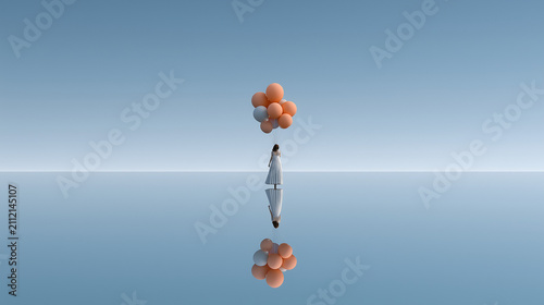 Solitary Woman with Floating Thoughts in Minimal Surreal Landscape