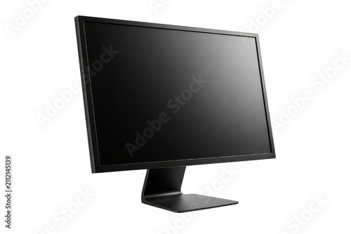 Modern black computer monitor with slim bezel and angled stand, turned off screen reflecting light, isolated technology display for office, workspace, or digital content use