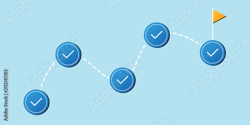 Conceptual progress path with completed tasks and achieved milestones, illustrating a strategic journey to a successful goal