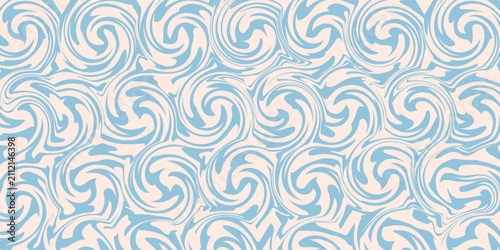 Blue and beige diagonal wavy lines seamless pattern. Simple vector abstract liquid stripes background.