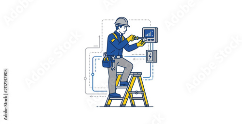 Electrician Repairing Electrical Panel Vector Illustration