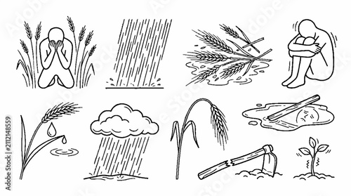 A collection of hand drawn sketches depicting agricultural hardship and farming challenges.
