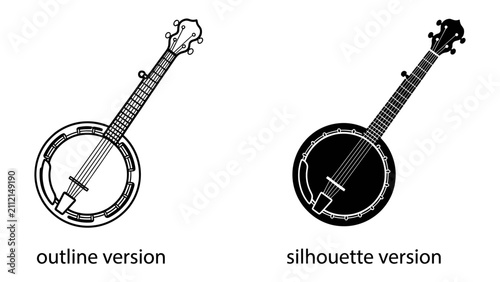 Foto Banjo Outline and Silhouette: A side-by-side comparison of a banjo, presented in both a clean outline and a bold silhouette version, showcasing the instrument's iconic shape and design elements