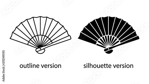 Fan Icon Set: A graphic representation of a folding fan, presented in both an outline and a silhouette version, symbolizing traditional design and versatility.