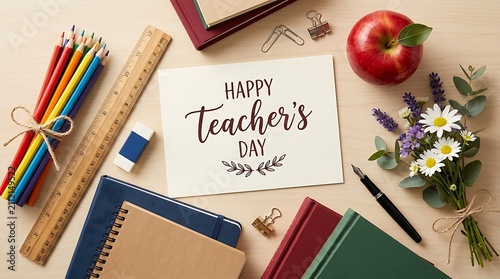 Happy Teachers Day card on wooden desk surrounded by school supplies flowers and red apple for appreciation