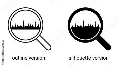 Foto Magnifying Glass Over City Skyline: Two icons of a magnifying glass, one in outline and the other in silhouette, reveal a detailed city skyline within their lenses