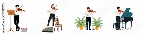 Fotografía Set of flat vector illustrations depicting violinists practicing and performing with various musical accessories, instruments, and plants on a clean white background