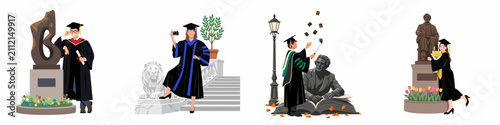 Konstfotografi Flat illustration set of graduates in academic gowns celebrating their convocation by posing with campus statues and taking photos