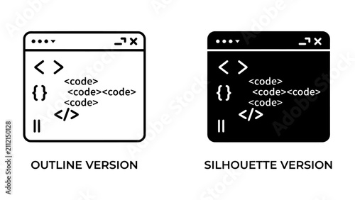Принти на полотні Coding Window Comparison: Two stylized windows side-by-side, one an outline version and the other a silhouette, both displaying code snippets