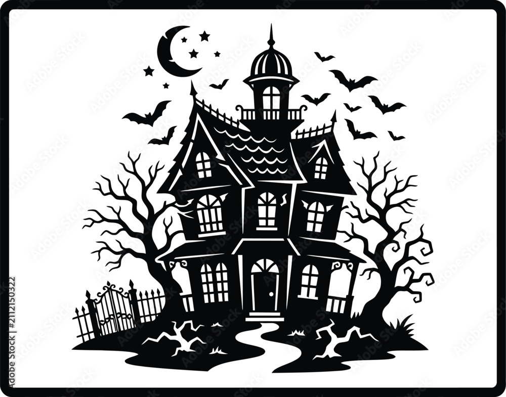 Obraz premium Spooky haunted mansion silhouette with bats flying under crescent moon