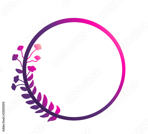 Minimal botanical circle frame with pink and purple floral elements and clean copy space for creative design