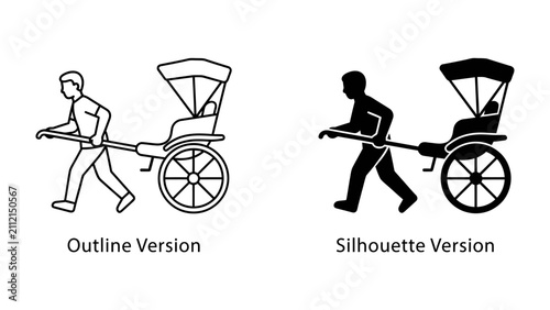 Rickshaw Rider Icon: A simple yet clear illustration depicts a rickshaw rider pushing a passenger-carrying vehicle, presented in both an outline and silhouette version.