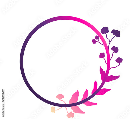 Minimal botanical circle frame with pink and purple floral elements and clean copy space for creative design
