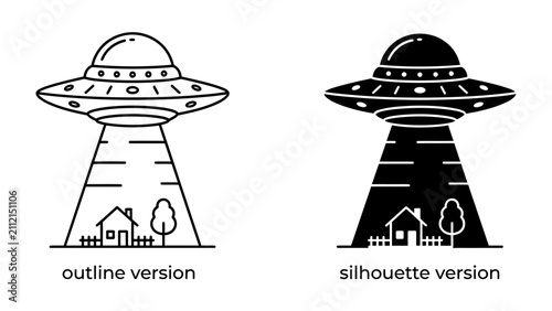 Картината върху платно Flying Saucer Abduction: An extraterrestrial flying saucer emits a beam of light, appearing to abduct a small house with trees and a fence in an imaginative graphic illustration